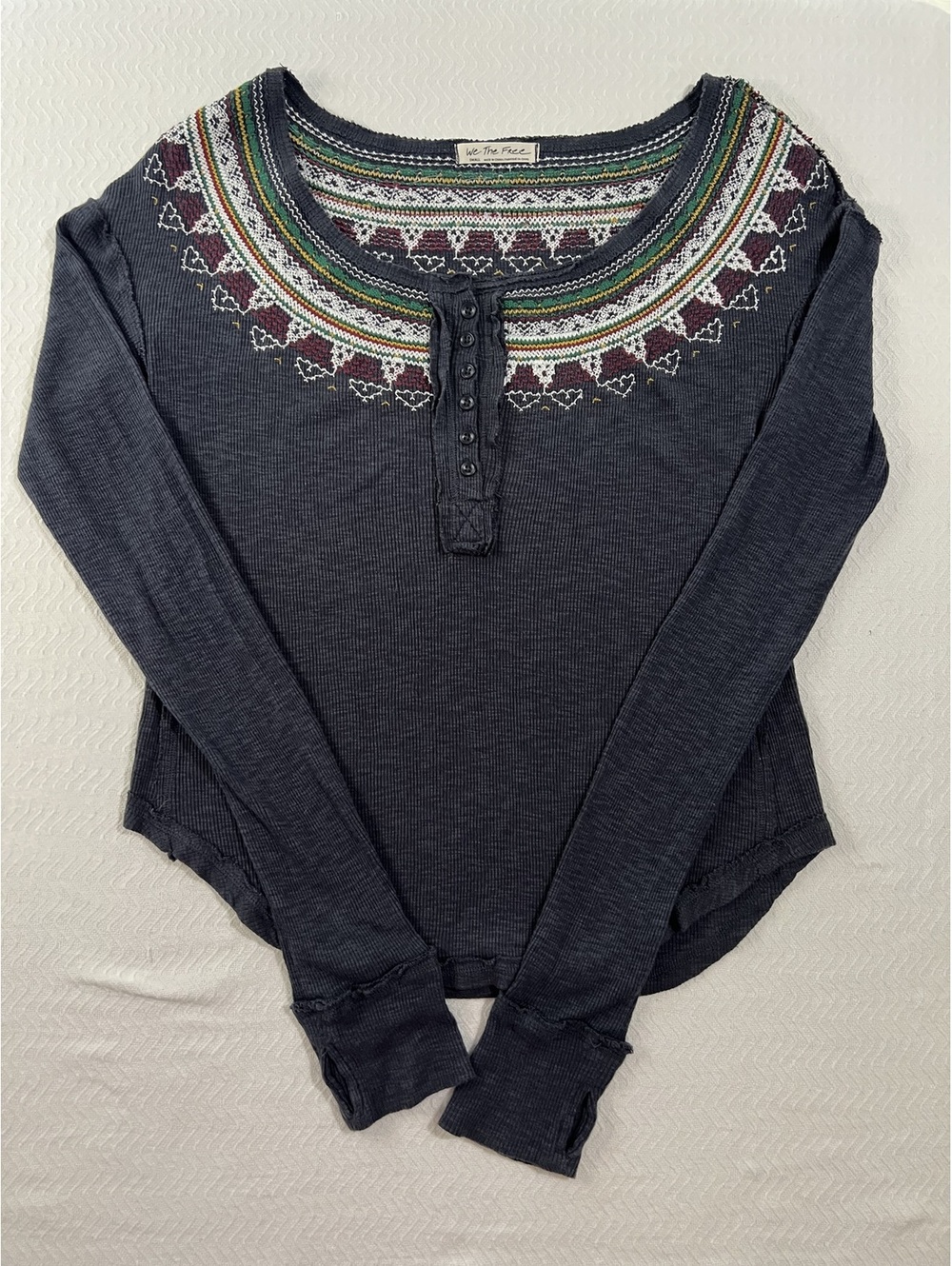 We The Free Women's Long Sleeve Henley Top with Multicolor Embroidered Yoke, SzS